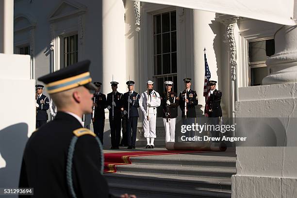 Members of the Honor wait for the arrival of leaders for the Nordic state dinner at the North Portico at the White House, May 13 in Washington, DC....