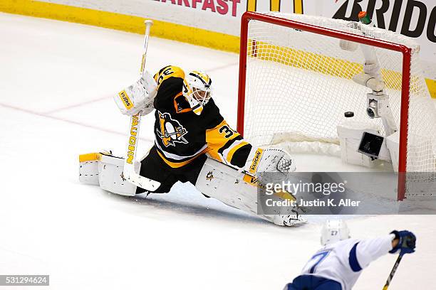 Matt Murray of the Pittsburgh Penguins gives up a goal to Jonathan Drouin of the Tampa Bay Lightning during the second period in Game One of the...