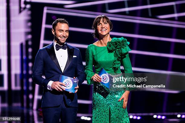 Hosts Mans Zelmerlow and Petra Mede during the final dress rehearsal of the 2016 Eurovision Song Contest at Ericsson Globe Arena on May 13, 2016 in...