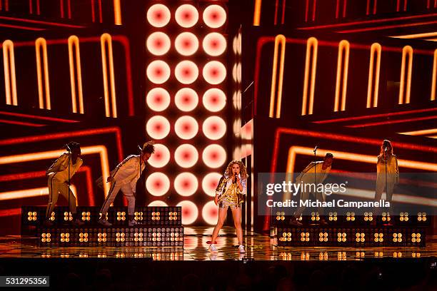 Laura Tesoro representing Belgium performs the song "What's The Pressure" during the final dress rehearsal of the 2016 Eurovision Song Contest at...