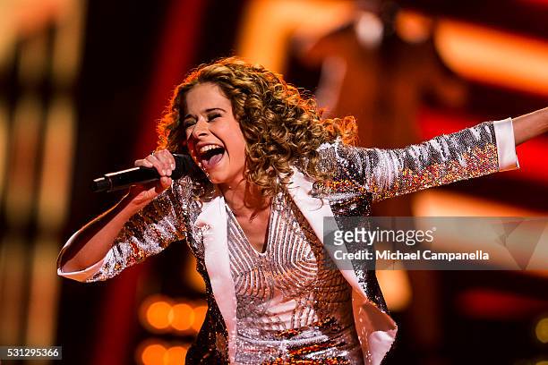Laura Tesoro representing Belgium performs the song "What's The Pressure" during the final dress rehearsal of the 2016 Eurovision Song Contest at...