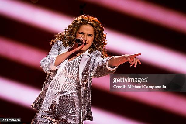 Laura Tesoro representing Belgium performs the song "What's The Pressure" during the final dress rehearsal of the 2016 Eurovision Song Contest at...