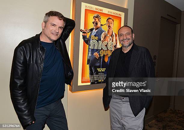 Writer/director Shane Black and producer Joel Silver pose for a photo following "The Nice Guys" New York screening at HBO Screening Room on May 13,...