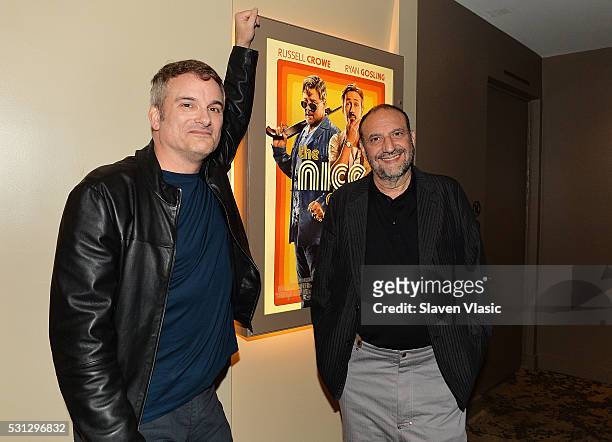 Writer/director Shane Black and producer Joel Silver pose for a photo following "The Nice Guys" New York screening at HBO Screening Room on May 13,...