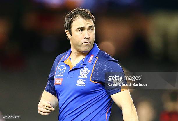 Brad Scott, coach of the Kangaroos looks on during the round eight AFL match between the Essendon Bombers and the North Melbourne Kangaroos at Etihad...