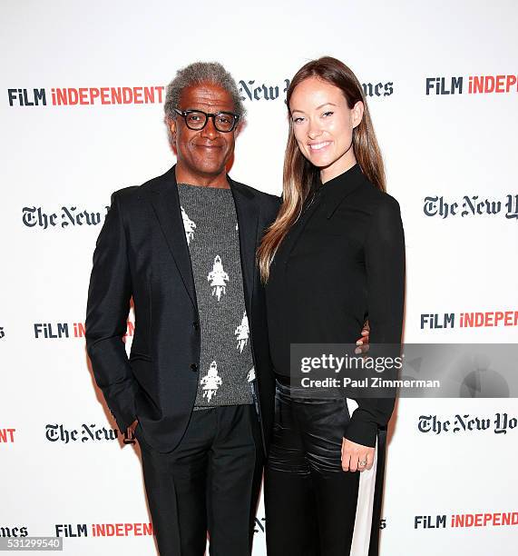 Film Independent curator Elvis Mitchell and actress Olivia WIlde pose at the Film Independent Presents Live Read Of "Hannah And Her Sisters" at Times...