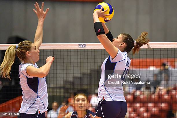 Alessia Orro of taly tosses the ball during the Women's World Olympic Qualification game between South Korea and Italy at Tokyo Metropolitan...
