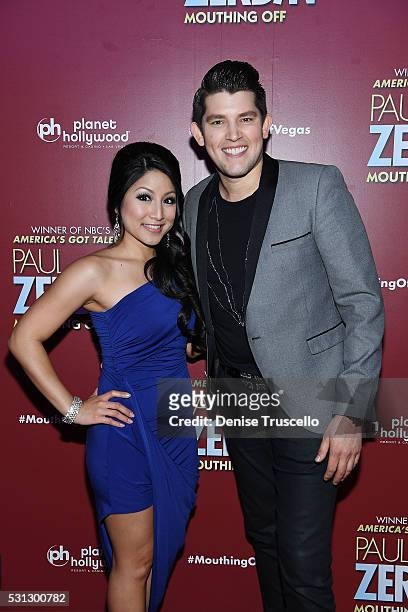 Singer Jasmine Trias and singer Ben Stone arrive at the opening of his new show Paul Zerdin: Mouthing Off at Planet Hollywood Resort & Casino on May...