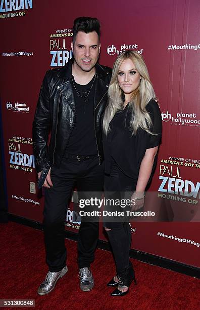 Singer/musician Frankie Moreno and dancer Lacey Schwimmer arrive at the opening of his new show Paul Zerdin: Mouthing Off at Planet Hollywood Resort...