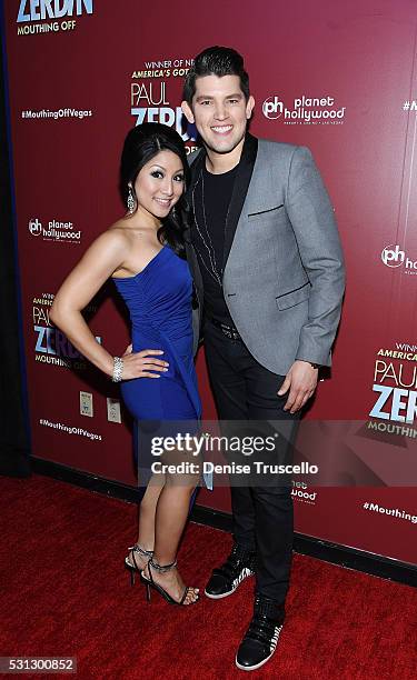 Singer Jasmine Trias and singer Ben Stone arrive at the opening of his new show Paul Zerdin: Mouthing Off at Planet Hollywood Resort & Casino on May...