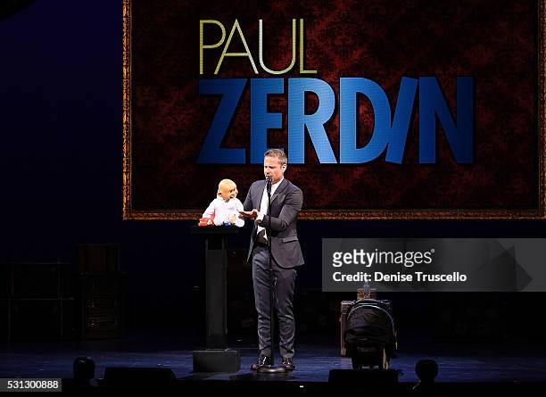 British comedian and ventriloquist and the winner of the 10th season of America's Got Talent Paul Zerdin performs during the opening of his new show...