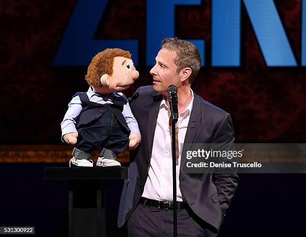 British comedian and ventriloquist and the winner of the 10th season of America's Got Talent Paul Zerdin performs during the opening of his new show...