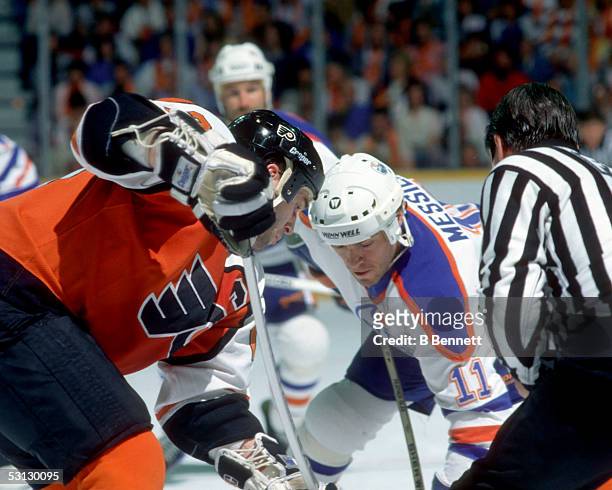 Mark Messier of the Edmonton Oilers takes the faceoff during the 1987 Stanley Cup Finals against the Philadelphia Flyers in May, 1987 at the...