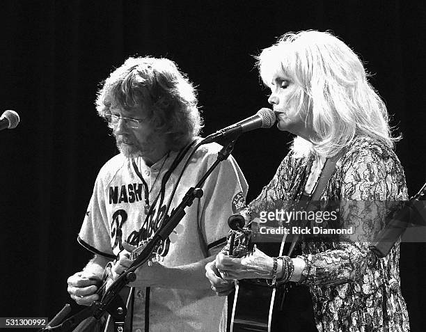 Emmylou Harris & Friend Sam Bush perform during a special engagement benefitting Bonaparte's Retreat at City Winery Nashville on May 13, 2016 in...