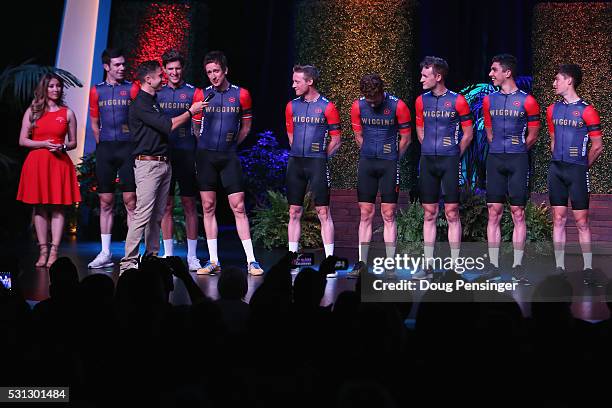 Sir Bradley Wiggins is interviewed by Christian Vande Velde as Team Wiggins takes the stage during the team presentation at Sea World ahead of the...