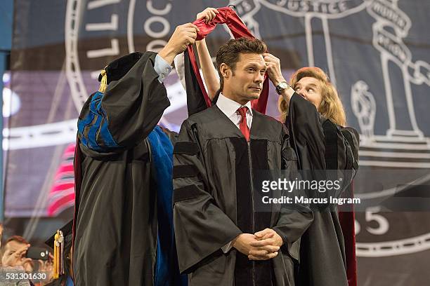 Ryan Seacrest receives the Honorary Doctor of Humane Letters Degree during University of Georgia commencement at Sanford Stadium on May 13, 2016 in...