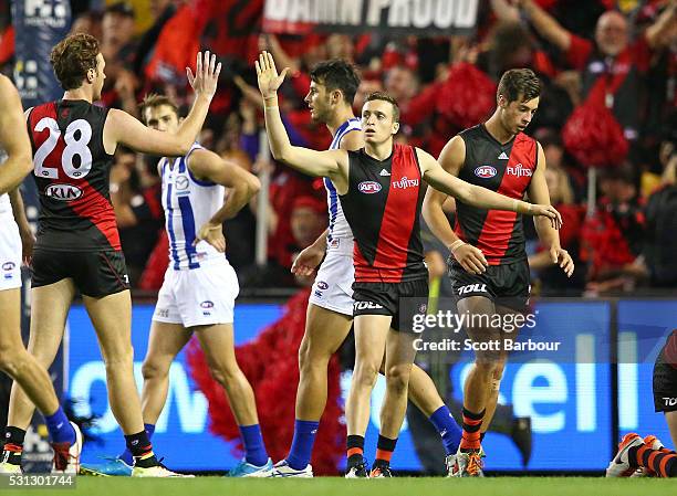 Orazio Fantasia of the Bombers celebrates after kicking the Bombers first goal of the match in the third quarter during the round eight AFL match...