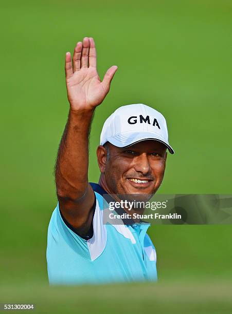 Jeev Milkha Singh of India waves during the third round of AfrAsia Bank Mauritius Open at Four Seasons Golf Club Mauritius at Anahita on May 14, 2016...