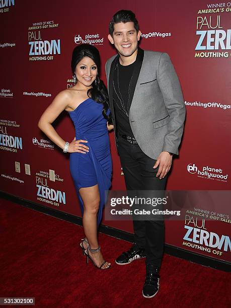 Singer Jasmine Trias and magician and singer/songwriter Ben Stone attend the opening night of "Paul Zerdin: Mouthing Off" at Planet Hollywood Resort...