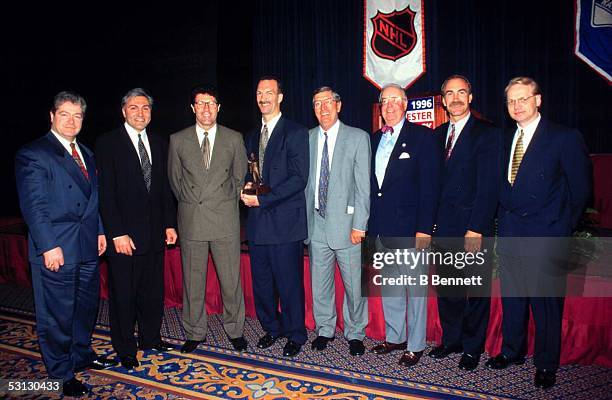 Lester Patrick Award winner Ken Morrow with friends and former teammates: Jean Potvin, John Tonelli, Gord Lane, Ken Morrow, Al Arbour, Bill Torrey,...