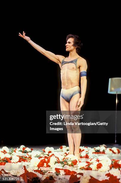 Russian-born ballet dancer Rudolf Nureyev takes a curtain call after his performance in the American premiere of the Dutch National Ballet's...
