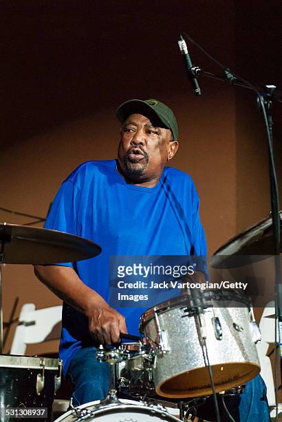 South African musician Louis Tebogo Moholo plays drums at the Vision Festival XII 'The Revolution Continues' concert at the Angel Orensanz Foundation...