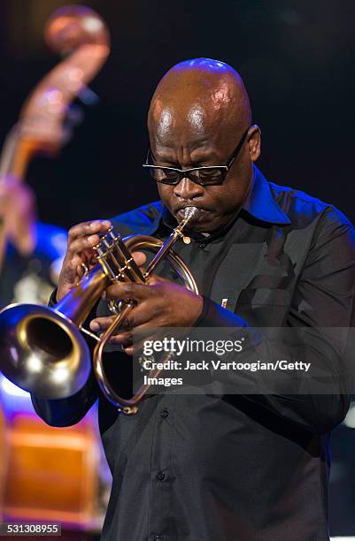 South African Jazz musician Feya Faku plays fluegelhorn with the band Uhadi during the Jazz at Lincoln Center's Dizzy's Club Coca-Cola, New York, New...