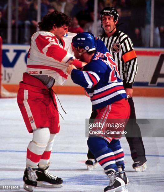 Tie Domi of the New York Rangers fights with Bob Probert of the Detroit Red Wings on February 2, 1992 at the Madison Square Garden in New York, New...