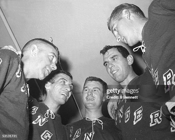 Andy Hebenton, Andy Bathgate, Earl Ingarfield, Jack McCartain, and Vic Hadfield.