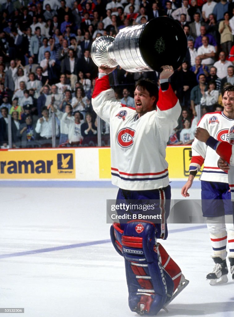 Patrick Roy raises the cup, 1993 Stanley Cup...