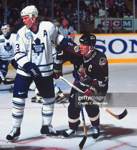 Keith Tkachuk and Mats Sundin in action during contest in which Phoenix paid their first visit to the famed Maple Leaf Gardens in Toronto.