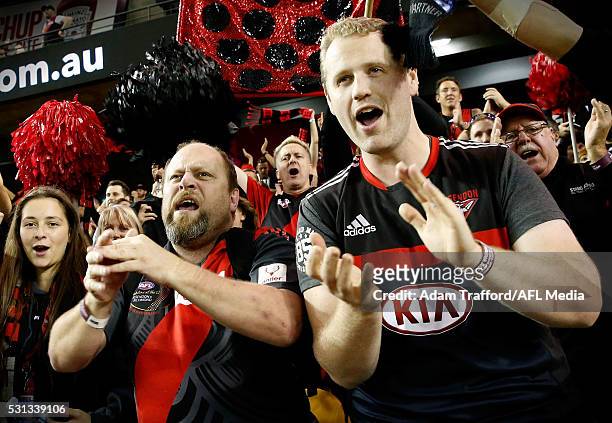 Bombers fans cheer their team after an honorable loss during the 2016 AFL Round 08 match between the Essendon Bombers and the North Melbourne...