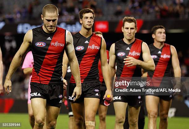David Zaharakis of the Bombers looks dejected after a loss during the 2016 AFL Round 08 match between the Essendon Bombers and the North Melbourne...