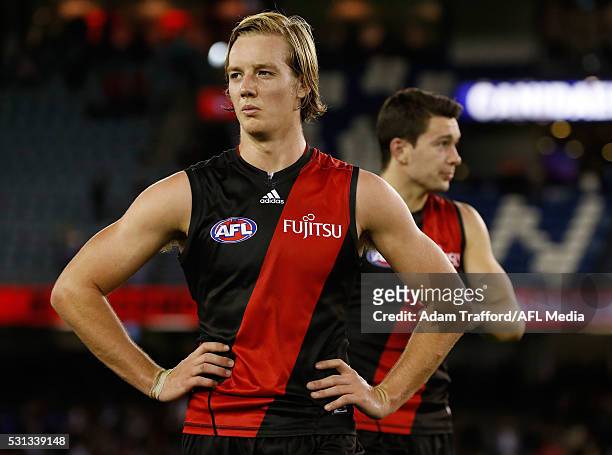 Darcy Parish of the Bombers looks dejected after a loss during the 2016 AFL Round 08 match between the Essendon Bombers and the North Melbourne...