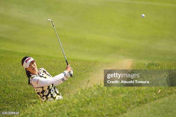 Ha-Neul Kim of South Korea hits from a bunker on the 18th hole during the second round of the Hoken-no-Madoguchi Ladies at the Fukuoka Country Club...