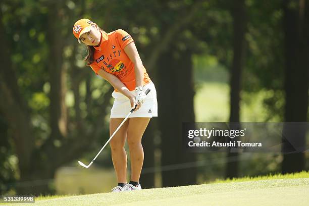 Bo-Mee Lee of South Korea chips onto the 14th green during the second round of the Hoken-no-Madoguchi Ladies at the Fukuoka Country Club Ishino...