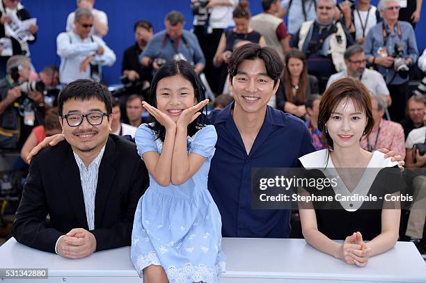 Director Yeon Sang-ho, actors Kim Su-an, Gong Yoo and Jung Yu-mi attend the "Train To Busan " photocall during the 69th Annual Cannes Film Festival...