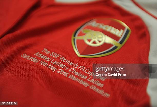 Arsenal Ladies shirts hanging in the Wembley changing room before the SSE Women's FA Cup Final match between Arsenal Ladies and Chelsea Ladies at...