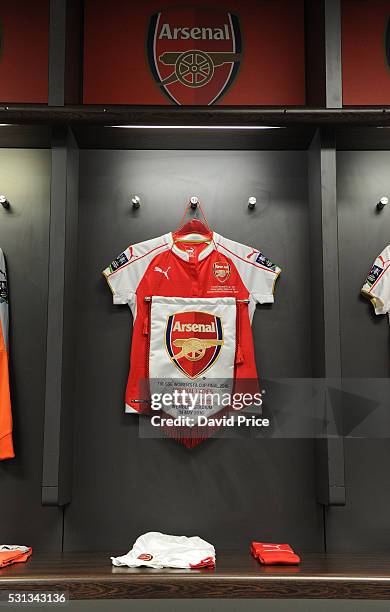 Arsenal Ladies shirts hanging in the Wembley changing room before the SSE Women's FA Cup Final match between Arsenal Ladies and Chelsea Ladies at...