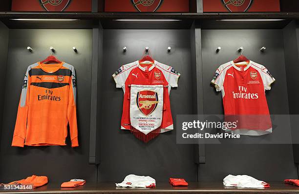 Arsenal Ladies shirts hanging in the Wembley changing room before the SSE Women's FA Cup Final match between Arsenal Ladies and Chelsea Ladies at...