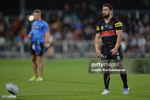 Jamie Soward of the Panthers looks to kick a conversion during the round 10 NRL match between the Penrith Panthers and the New Zealand Warriors at...