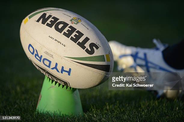 Rugby league ball is seen on a kicking tee during the round 10 NRL match between the Penrith Panthers and the New Zealand Warriors at AMI Stadium on...