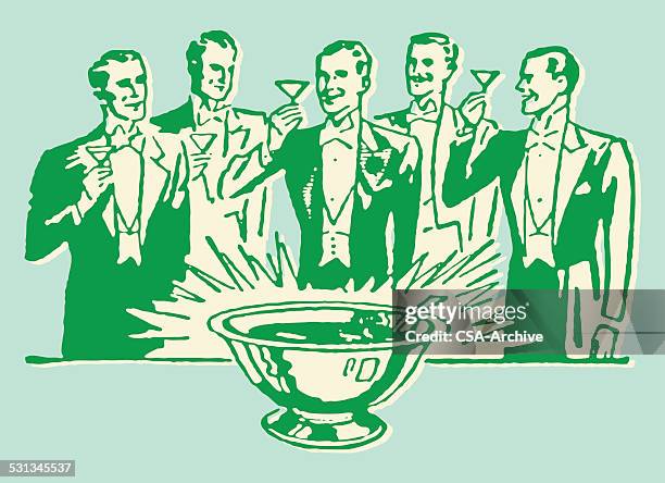 stockillustraties, clipart, cartoons en iconen met men in tuxedo toasting around punch bowl - smoking issues