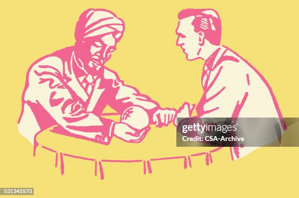 male fortune teller with client and crystal ball - fortune teller stock illustrations