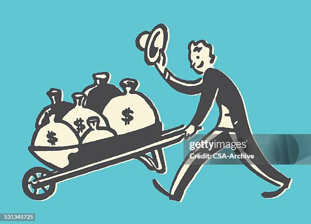 man with bags of money in wheelbarrow - cash wheelbarrow stock illustrations