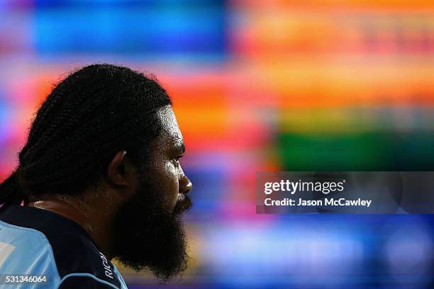 Tatafu Polota-Nau of the Waratahs watches on during the round 12 Super Rugby match between the Waratahs and the Bulls at Allianz Stadium on May 14,...