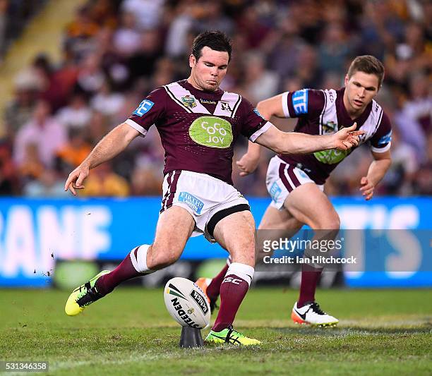 Jamie Lyon of the Sea Eagles kicks off at the start of the round 10 NRL match between the Manly Sea Eagles and the Brisbane Broncos at Suncorp...