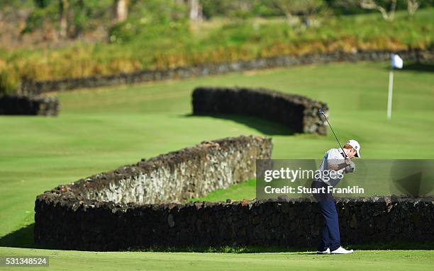 Andrew Dodt of Australia plays a shot during the third round of AfrAsia Bank Mauritius Open at Four Seasons Golf Club Mauritius at Anahita on May 14,...