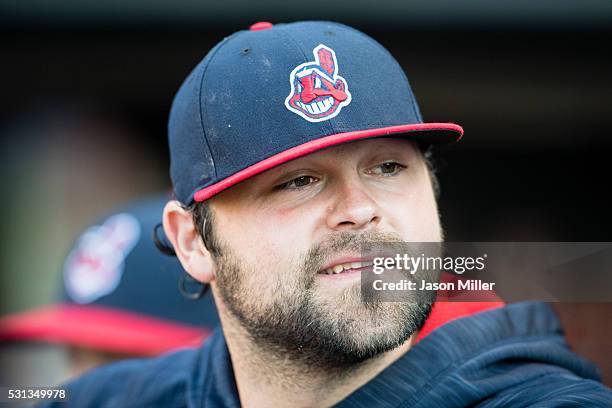 Joba Chamberlain of the Cleveland Indians in the dugout prior to the game against the Kansas City Royals at Progressive Field on May 6, 2016 in...