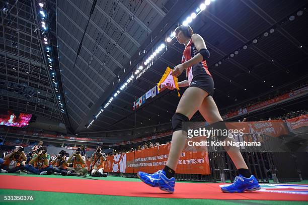 Saori Kimura of enters the court prior to the Women's World Olympic Qualification game between Japan and Peru at Tokyo Metropolitan Gymnasium on May...